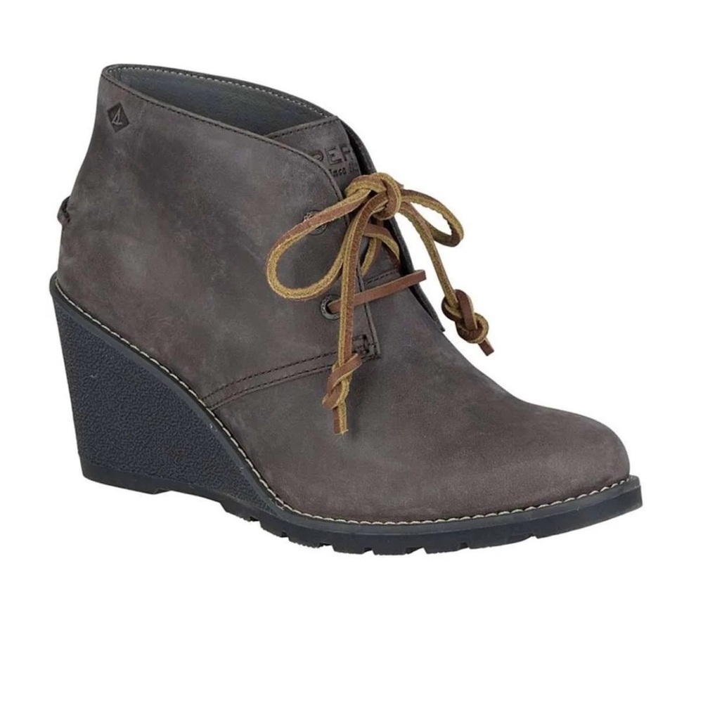 SPERRY Women's Grey Suede Lace Up Celeste Prow Ankle Wedge Booties Sz 7.5